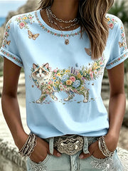 Women's Floral Cats Print Casual Tee
