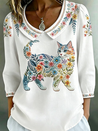 Women's Floral Cats Print Casual Top