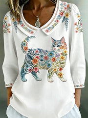 Women's Floral Cats Print Casual Top