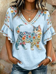Women's Floral Cats Print Casual V-Neck Top