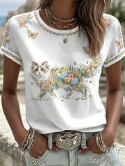 Women's Floral Cats Print Casual Tee