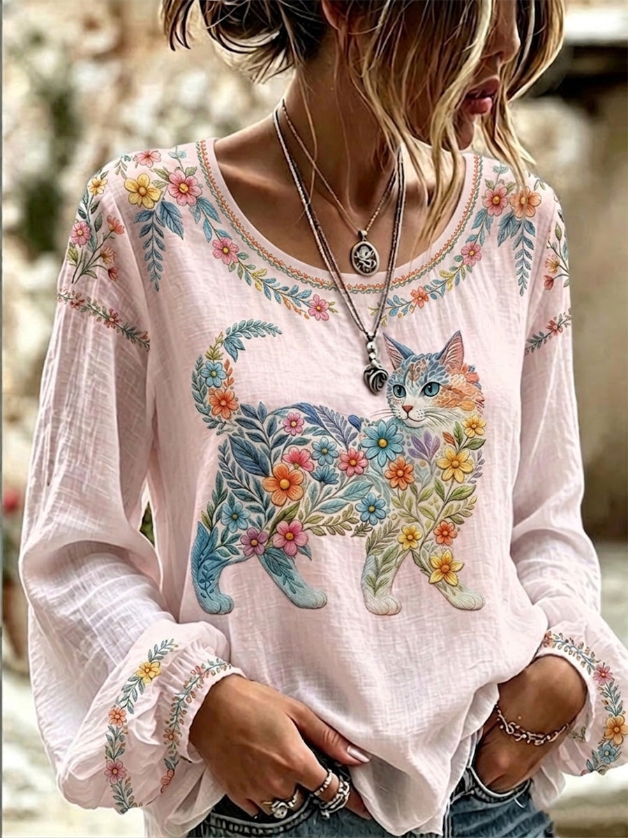 Women's Floral Cats Print Casual Long Sleeve Shirt