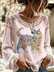Women's Floral Cats Print Casual Long Sleeve Shirt