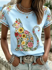 Women's Floral Cats Print Casual Tee