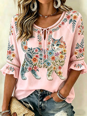 Women's Floral Cats Print Casual Top