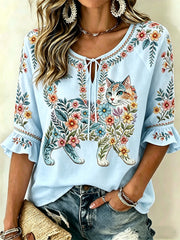 Women's Floral Cats Print Casual Top