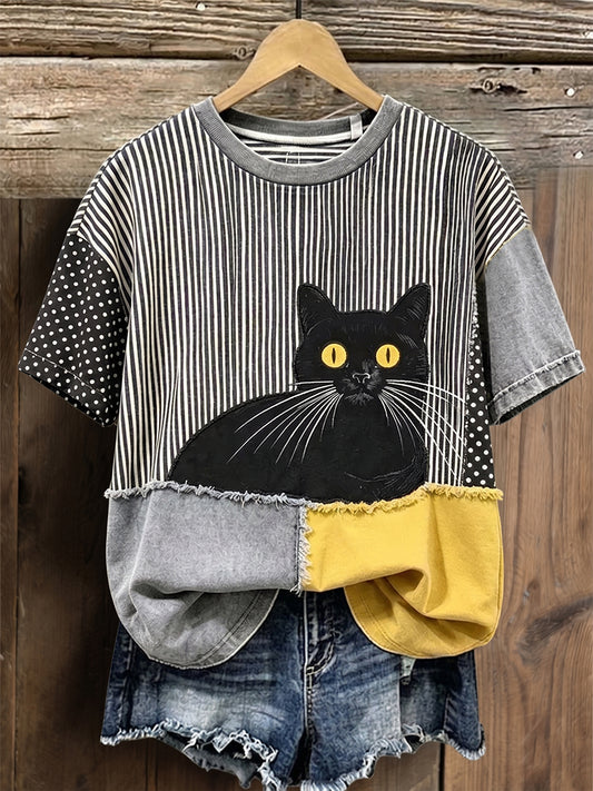 Women's Black Cat Striped & Polka Dots Patchwork  Art Cotton Linen Crew Neck Short Sleeve Top