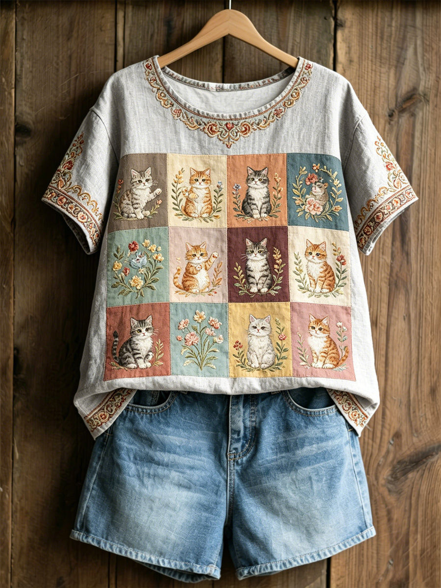 Women's Plants And Flowers Cute Cat Print Casual T-Shirt