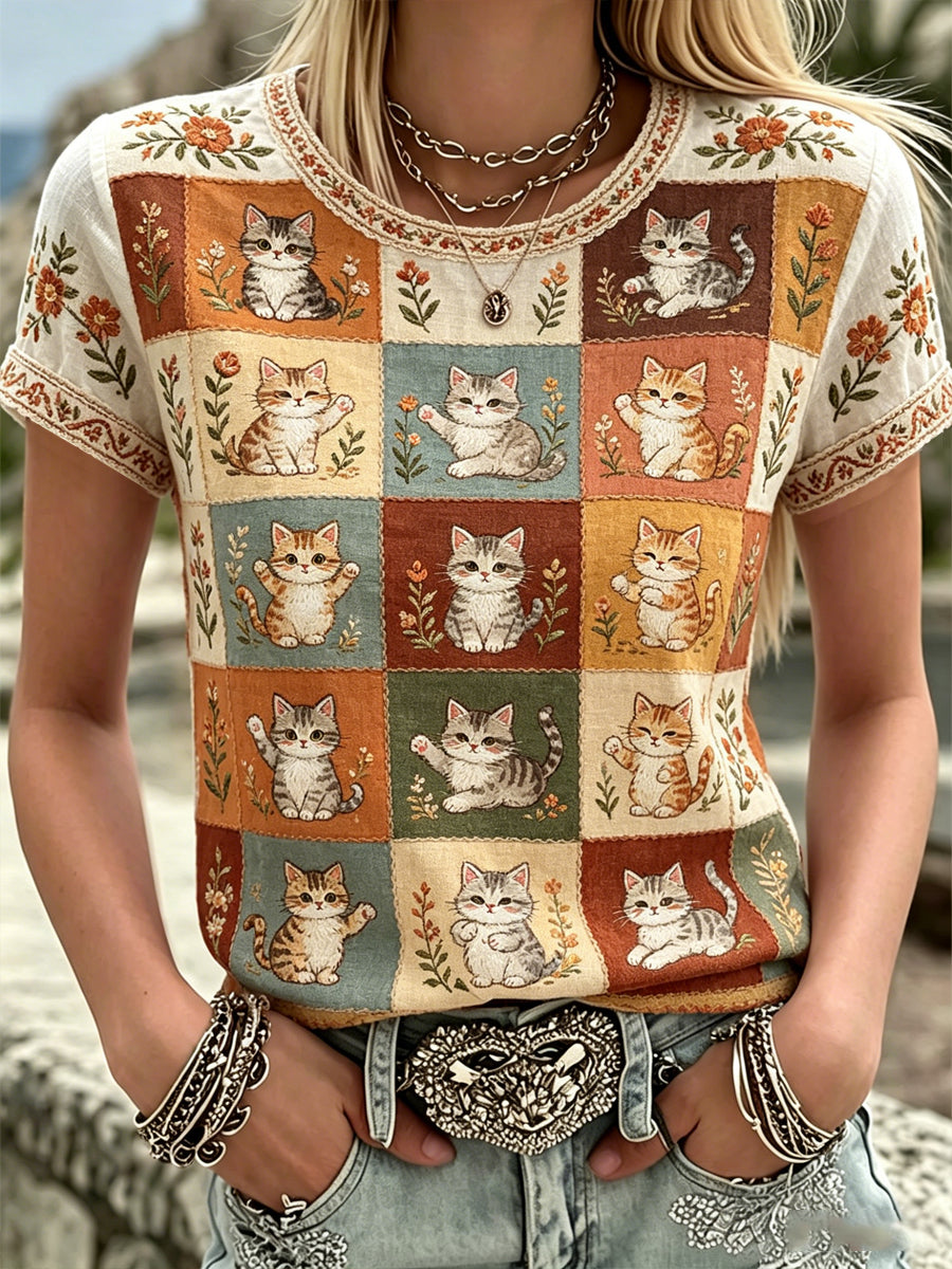 Women's Plants And Flowers Cute Cat Print Casual T-Shirt