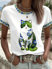 Women's Cat Floral Print Casual T-shirt