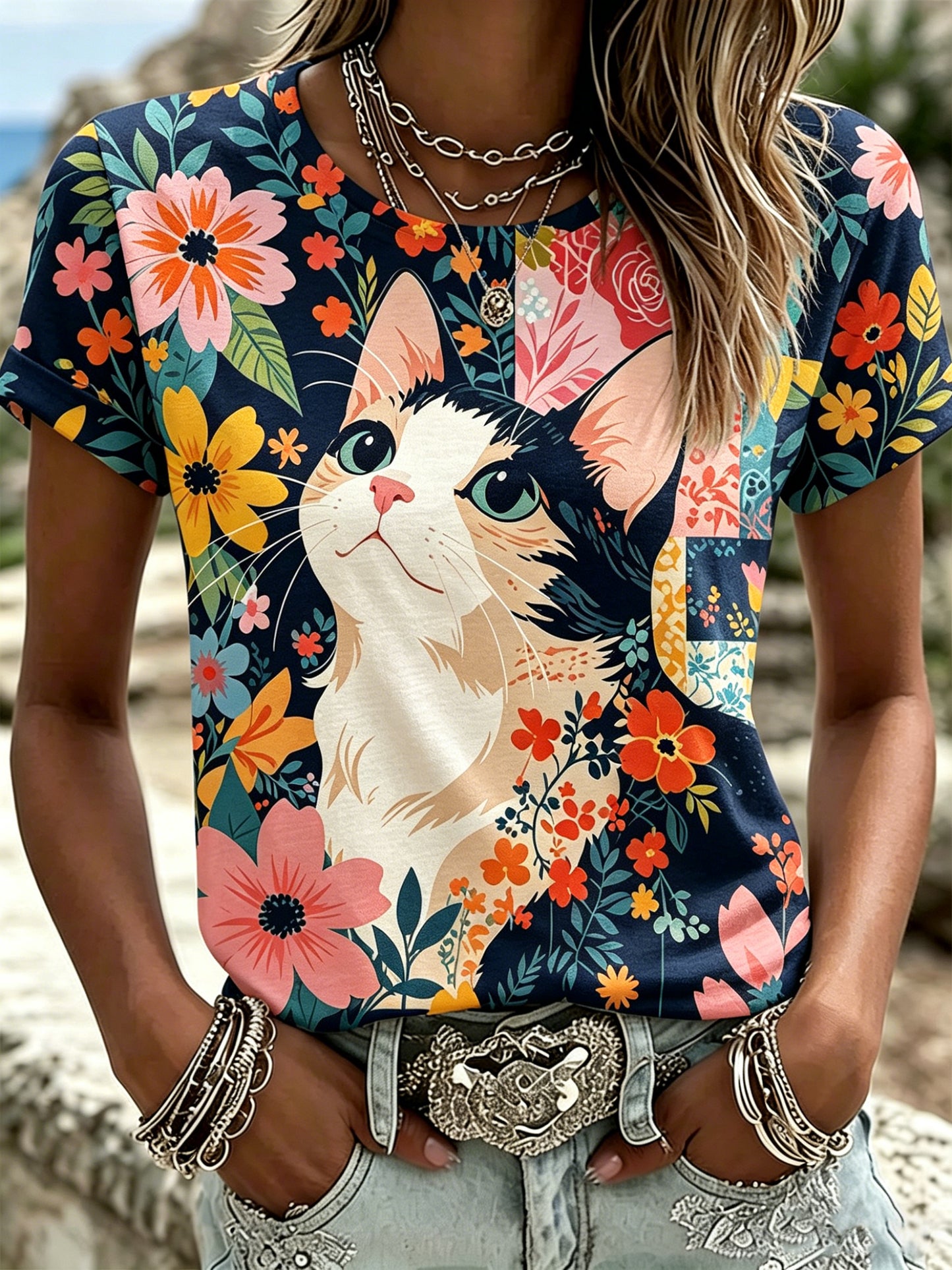 Women's Short-Sleeve Polo With Artistic Animal And Floral Print