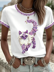 Women's Cat Floral Print Casual T-shirt