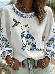 Women's Cat Floral Print Casual T-shirt