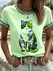 Women's Cat Floral Print Casual T-shirt