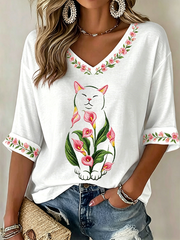 Women's Cat Floral Print Casual T-shirt