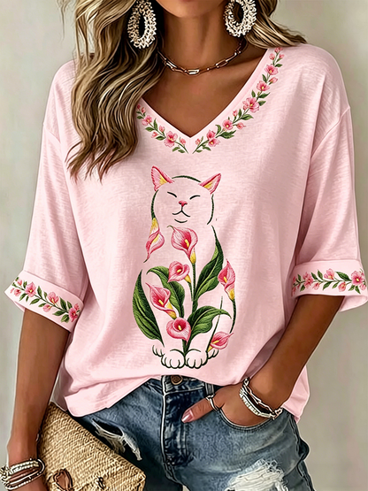 Women's Cat Floral Print Casual T-shirt