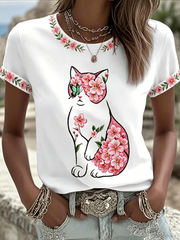Women's Cat Floral Print Casual T-shirt