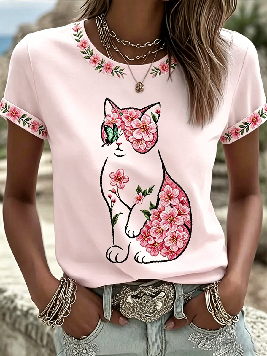 Women's Cat Floral Print Casual T-shirt