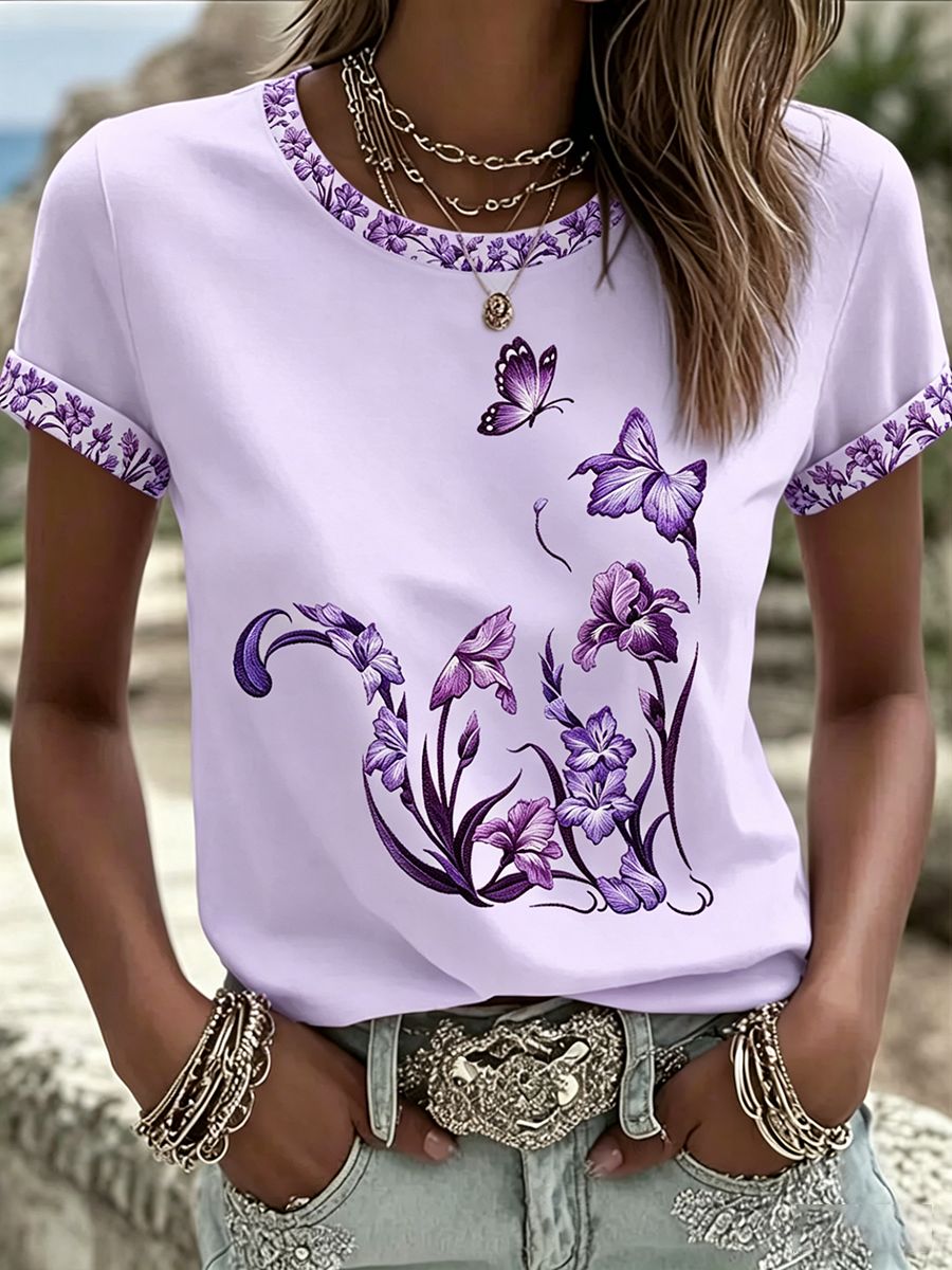 Women's Cat Floral Print Casual T-shirt
