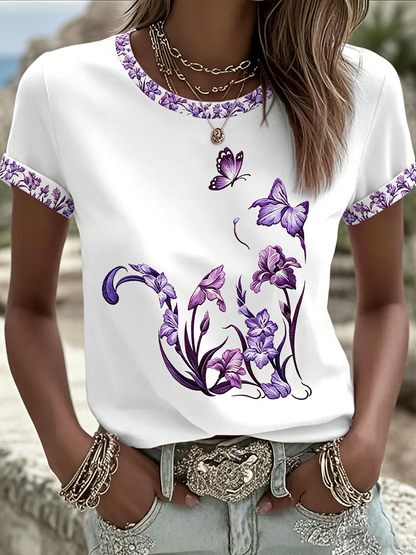 Women's Cat Floral Print Casual T-shirt