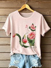 Women's Cat Floral Print Casual T-shirt