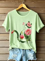 Women's Cat Floral Print Casual T-shirt