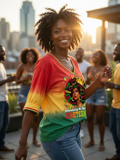 Women's Juneteenth Freedom Gradient V-Neck Casual T-Shirt
