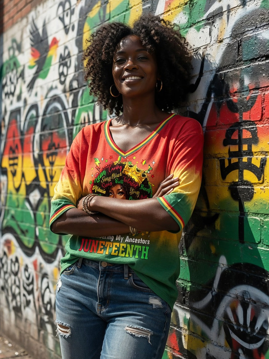 Women's Juneteenth Freedom Gradient V-Neck Casual T-Shirt