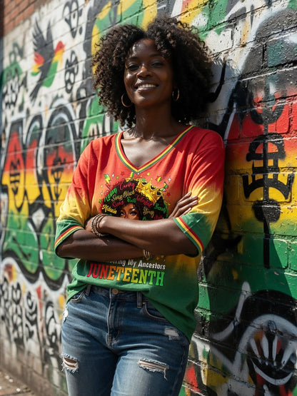 Women's Juneteenth Freedom Gradient V-Neck Casual T-Shirt