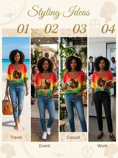 Women's Juneteenth Freedom Gradient V-Neck Casual T-Shirt