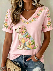 Women's Floral Dog Print Casual V-Neck Tee