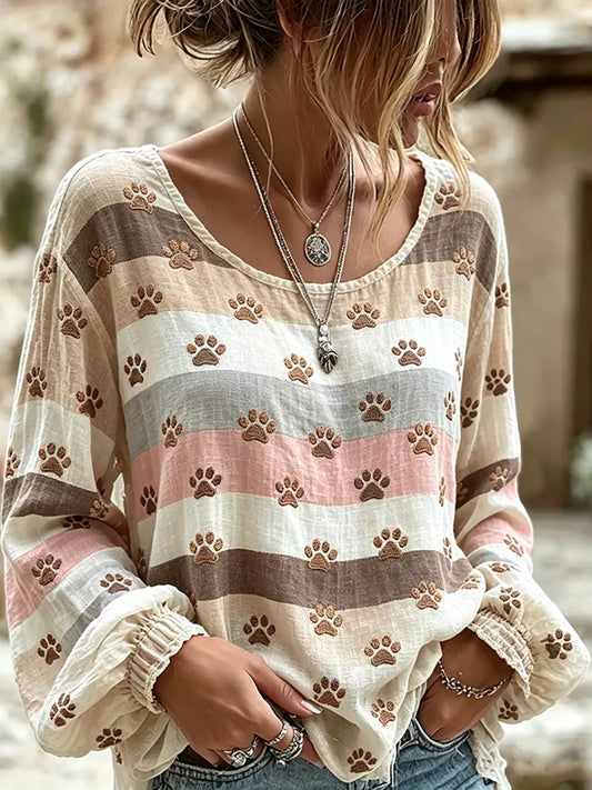 Women's Cute Cat Claw Pattern Color-blocked Design Linen O-Neck Long Sleeves Shirt