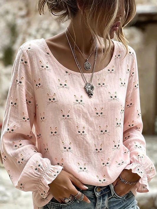 Women's Cute Cat Face Embroidery Art Linen O-Neck Long Sleeves Shirt