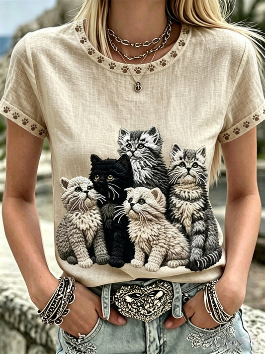 Women's Lovely Cats Art & Paw Prints O-Neck Linen Short Sleeves Top
