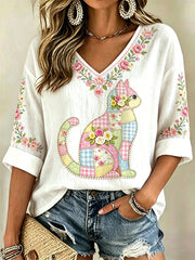 Women's Floral Cat Print Casual V-Neck Top