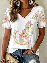 Women's Floral Cat Print Casual V-Neck Tee
