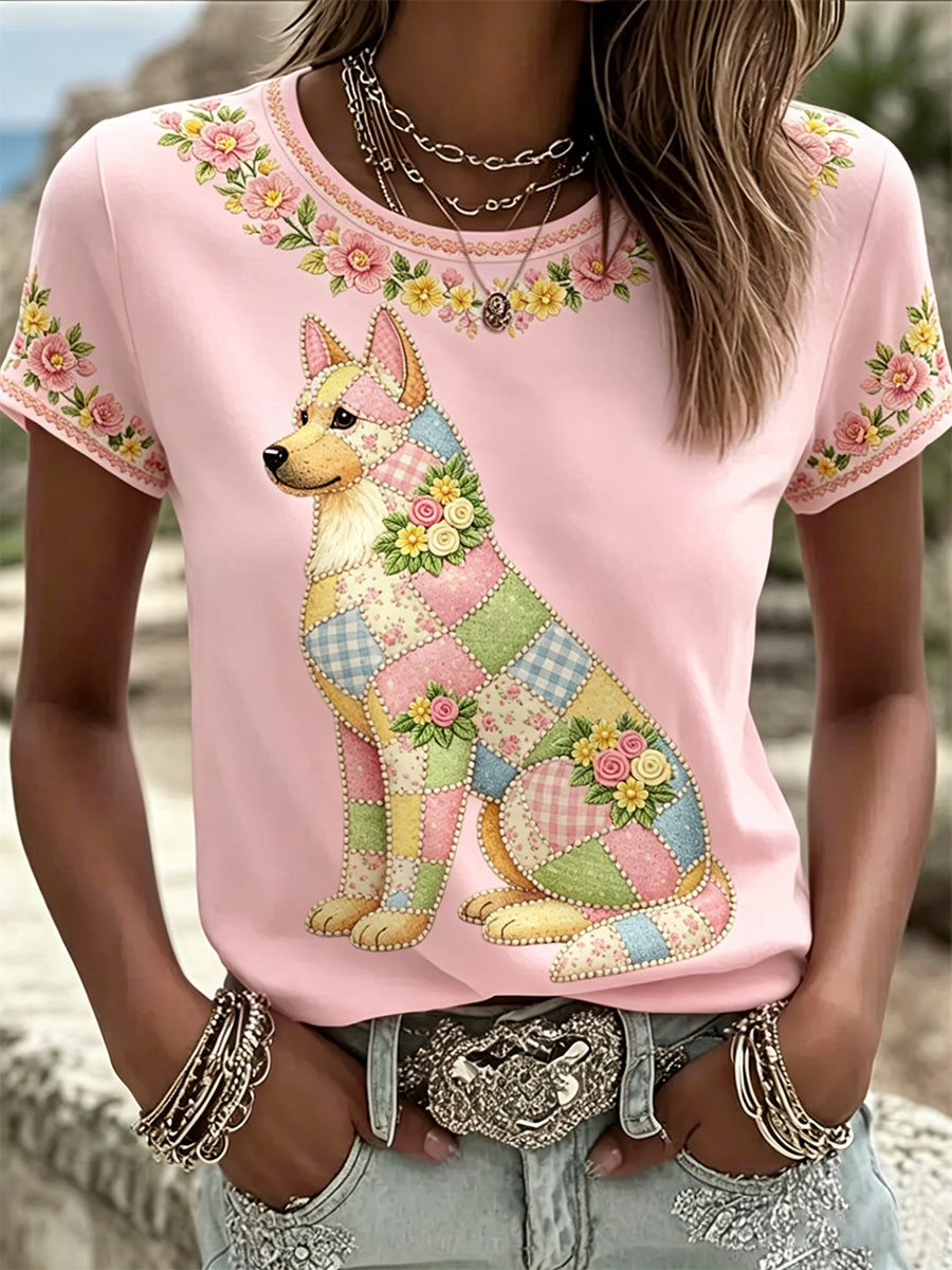 Women's Floral Dog Print Casual Tee