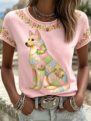 Women's Floral Dog Print Casual Tee