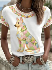 Women's Floral Dog Print Casual Tee