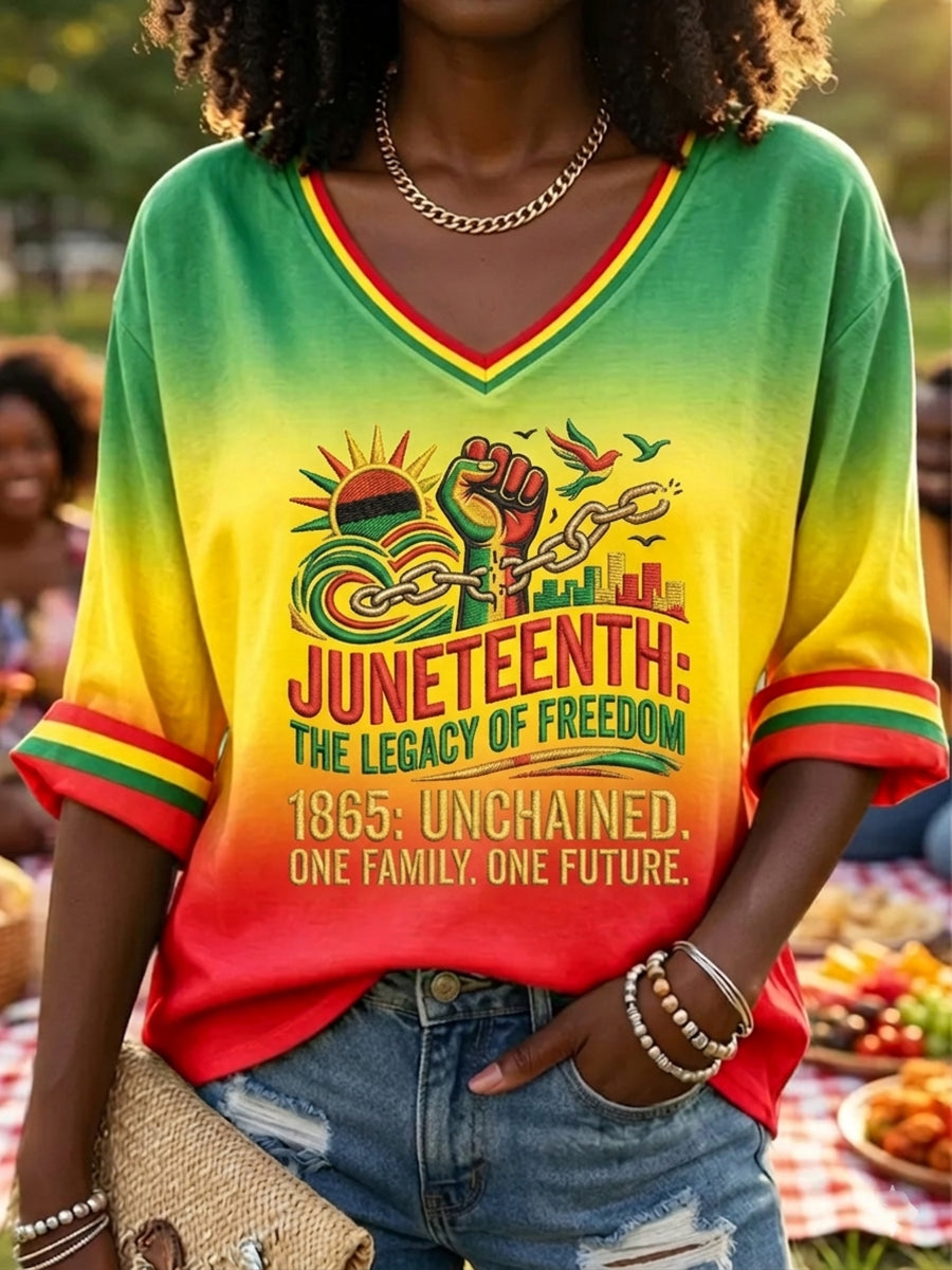 Women's Juneteenth Freedom Gradient V-Neck Casual Long Sleeve T-Shirt
