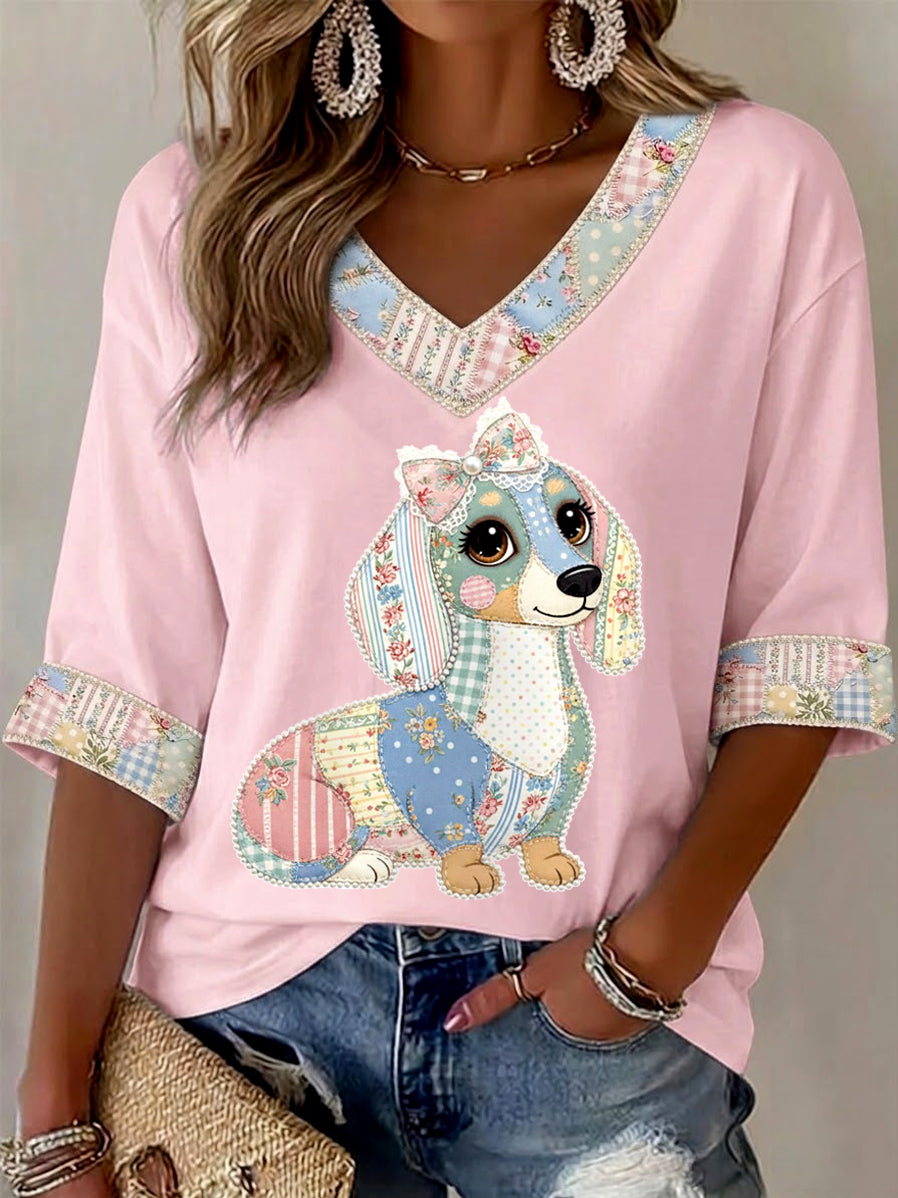 Women's Cute Floral Dog Print Casual V-Neck Top