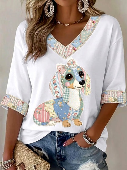 Women's Cute Floral Dog Print Casual V-Neck Top