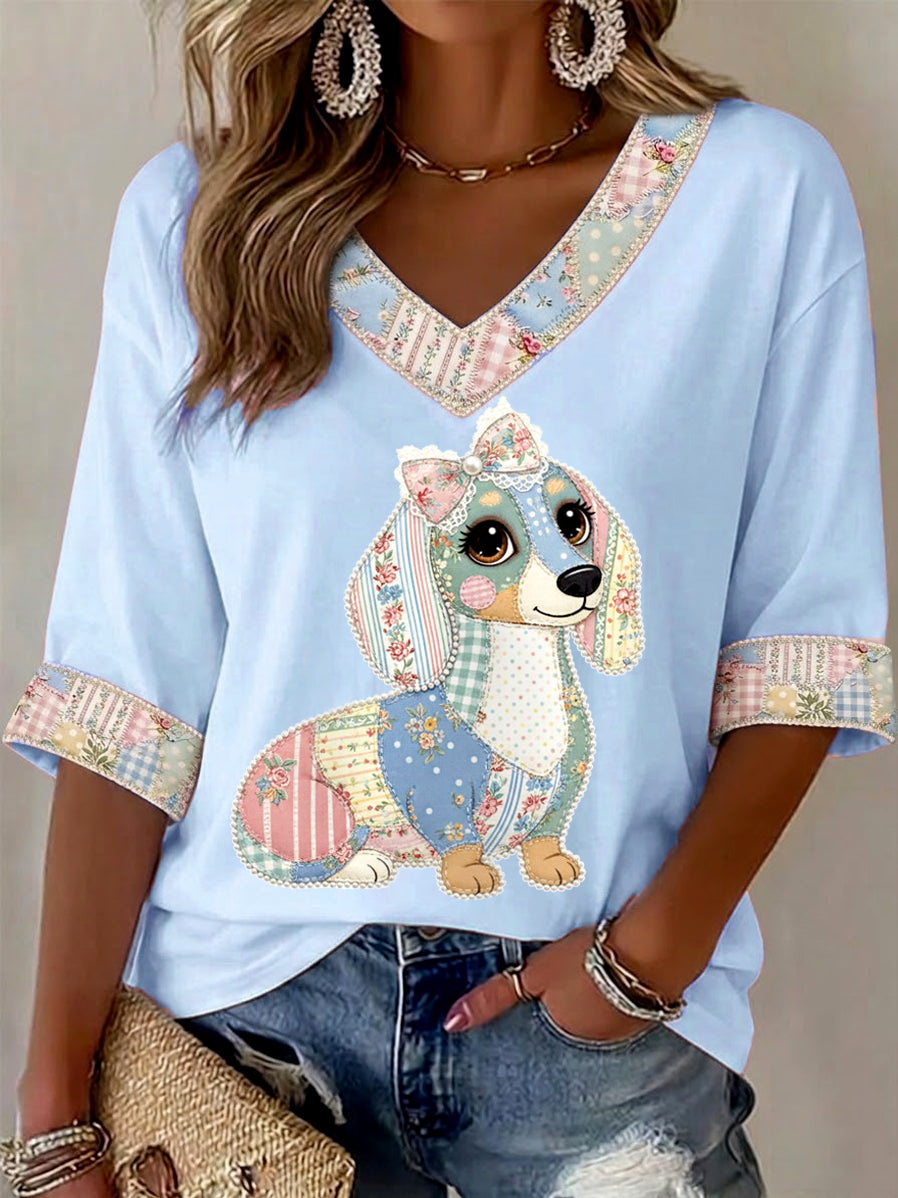 Women's Cute Floral Dog Print Casual V-Neck Top