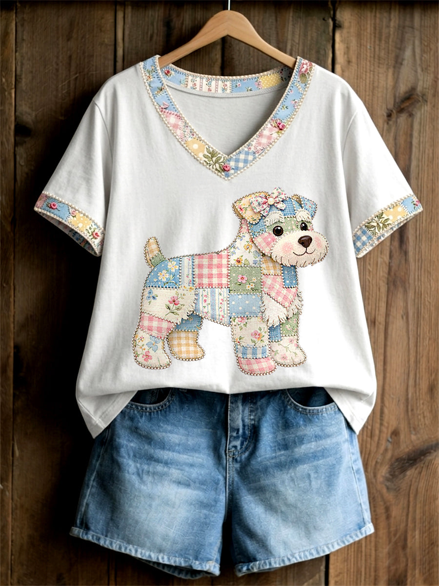 Women's Cute Floral Dog Print Casual V-Neck Tee