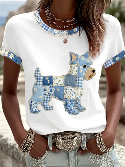 Women's Cute Floral Dog Print Casual Tee