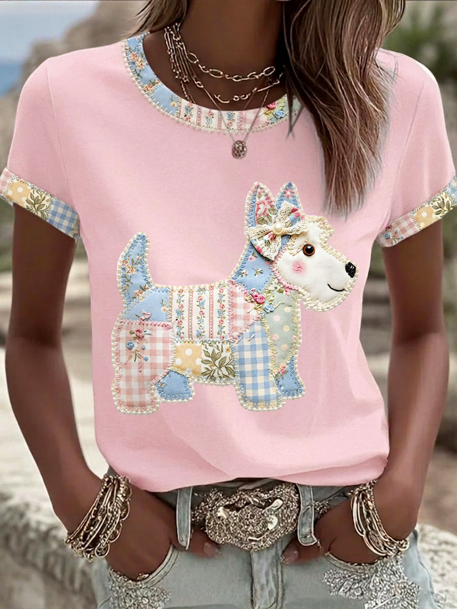 Women's Cute Floral Dog Print Casual Tee