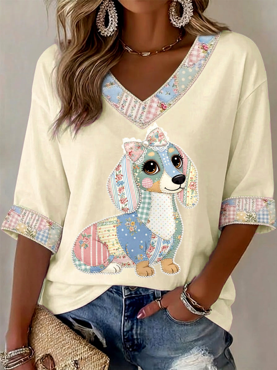 Women's Cute Floral Dog Print Casual V-Neck Top