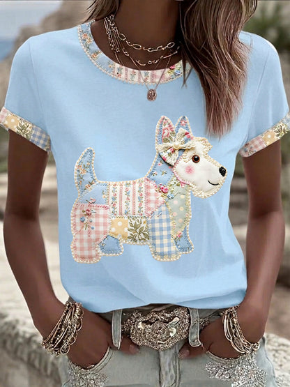 Women's Cute Floral Dog Print Casual Tee