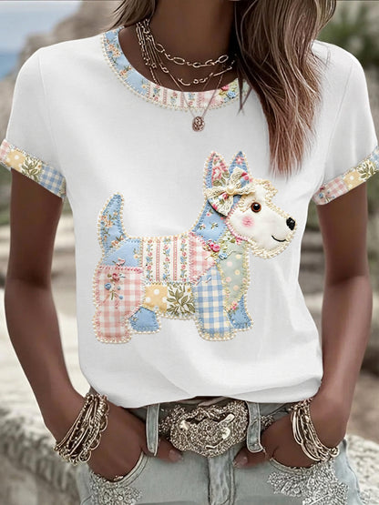 Women's Cute Floral Dog Print Casual Tee