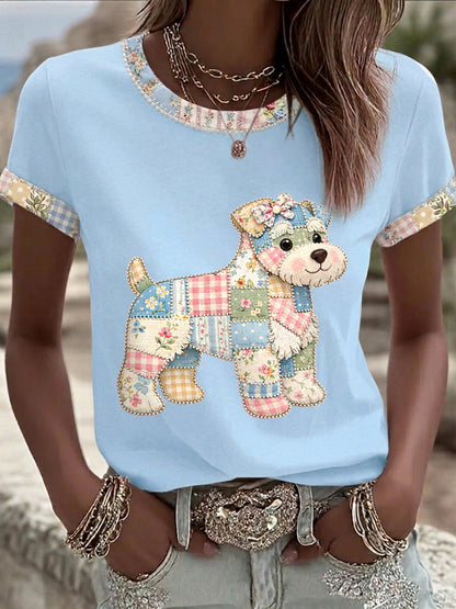 Women's Cute Floral Dog Print Casual Tee